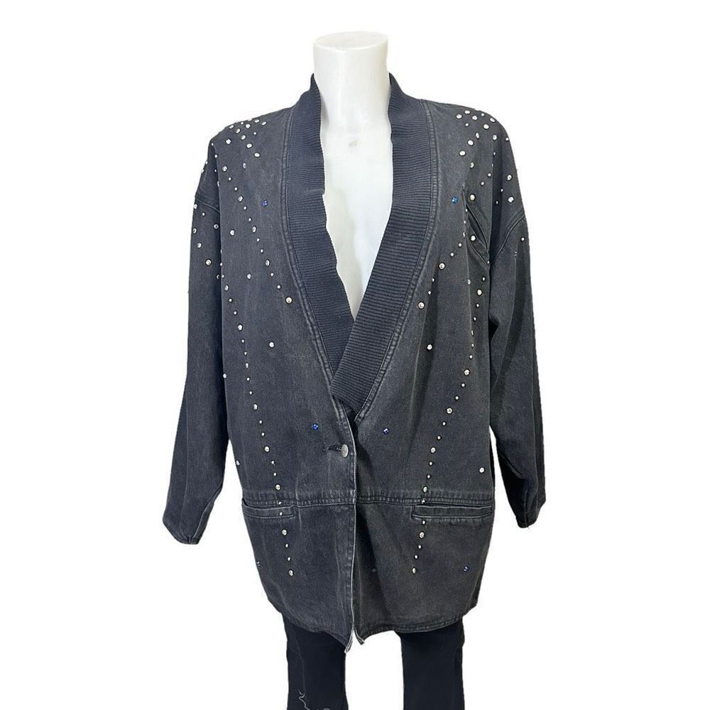 Trash Clothing Vintage 90s Black Acid Washed Studded & Beaded Denim Jacket Sz L
